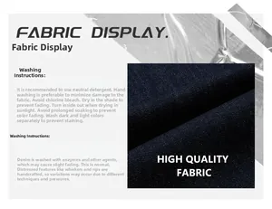 Detail showing the heavy twill denim fabric texture and washing instructions in Chinese