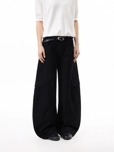 Men's high street black deconstructed wide-leg cargo pants with multi-pockets and belt