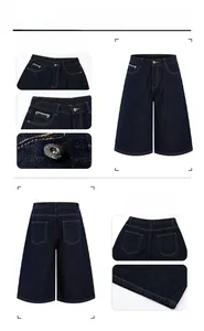 Detailed view of dark indigo denim shorts showing contrast stitching and metal button fly