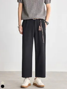 Men's Casual Straight Leg High Stretch Knitted Texture Drape Cropped Pants For Business Commute Office Solid Color Trousers
