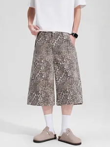 Pantaloncini di Denim Uomo Stampa Leopardata High Street Vintage Invecchiato Gamba Larga Casual Streetwear Cotone Pantaloni Corti