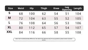 Detailed size guide table for blue checkered casual pants including waist and length
