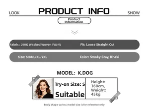 Size chart and fabric details for loose straight-leg high street casual trousers