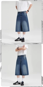 Detail view of deep blue washed wide-leg denim shorts with classic five-pocket design