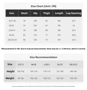 Size chart for American street style trousers with measurements and recommendations