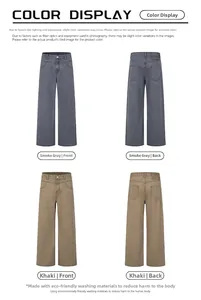 Detailed view of high-waisted wide-leg pants in smoky grey and khaki with leather patch