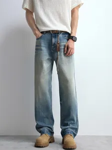 Men American Retro Washed Blue Jeans Loose Straight Fit Denim Pants With Cat Whiskers Cleanfit Style Streetwear Trouser