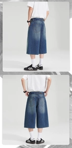 Detailed back view of vintage wide-leg denim shorts with classic five-pocket construction
