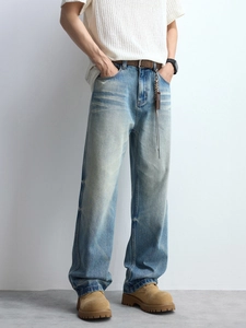 Men's retro light blue wide-leg jeans with washed cat-whiskers and vintage finish