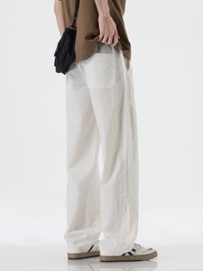 Men's white loose straight leg Lyocell casual pants in a minimalist Japanese workwear style