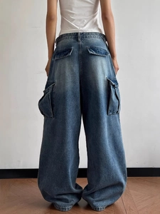 Oversized vintage wash multi-pocket cargo jeans with wide-leg baggy fit for women