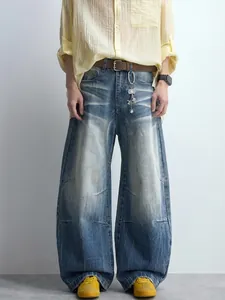 Men American Retro Washed Wide Leg Jeans Curved Silhouette Denim Pants With Cat Whiskers Vintage Streetwear Casual Trousers