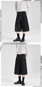 Detailed view of deep black wide-leg denim shorts with minimalist A-line cut for men