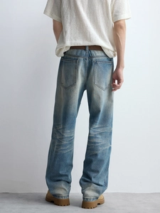 Men's retro wash blue straight denim pants with cat whiskers and cleanfit style