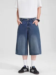 Men Retro Wide Leg Denim Shorts Washed Distressed Cropped Jeans Straight Loose Streetwear City Boy Hip Hop Bottoms Blue
