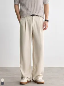Men Lyocell Straight Leg Casual Pants Summer Breathable Drape Texture Wide Leg Trousers Solid Color Relaxed Fit Chinos