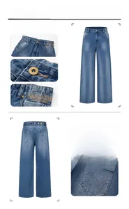 Detail of vintage denim jeans with leather patch, metal button and back pocket stitching