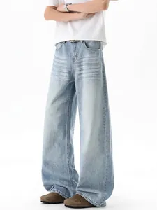 Men American Retro Washed Light Blue Wide Leg Jeans Cat Whiskers Straight Loose Fit High Street Denim Pants For Daily