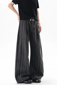 Deep gray vertical striped men's wide-leg trousers with premium drape and tailored fit