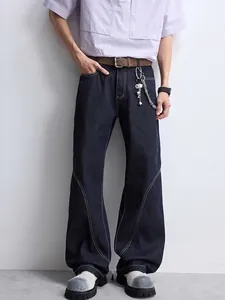 Jean Homme Vintage High Street Surpiqûres Contrastées Jambe Large Coupe Décontractée Pantalon en Denim Streetwear Décontracté