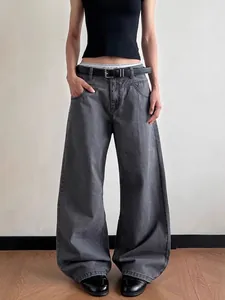 Men's Streetwear Wide Leg Cotton Pants Vintage Stone Washed Baggy Straight Casual Trousers With Embroidered Label Belted