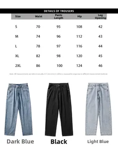 Maattabel voor lichtblauwe wijde jeans met gedetailleerde afmetingen van maat S tot 2XL