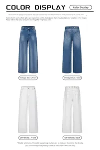 Detail view of retro blue and cream white high-waisted wide-leg straight denim jeans