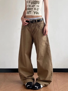Retro khaki wide-leg carpenter denim pants with belt and washed texture for high-street style