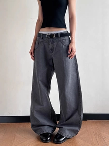 American street style dark grey wide-leg jeans with vintage washed texture and belt