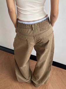 Back view of American retro khaki wide-leg trousers with high street straight cut style