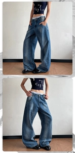 Detail view of retro washed blue wide leg jeans featuring vintage fading and pleated texture