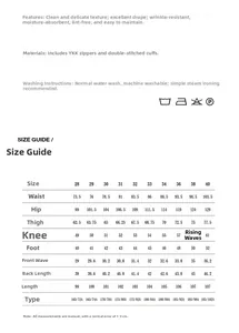 Detailed size chart with YKK zipper info and fabric features for retro straight denim jeans