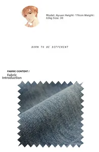 Vue détaillée de la texture denim bleu avec guide des tailles et infos sur le tissu
