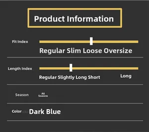 Size chart showing regular length and loose fit for men's deep blue denim jeans