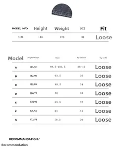 Detailed size guide table with model measurements for retro loose fit straight denim jeans