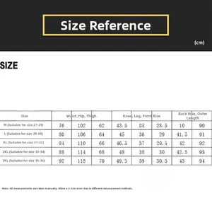 Size chart for men's patchwork denim pants showing measurements from size M to 3XL