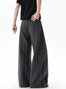 Men's retro dark grey striped wide-leg trousers with premium drape and relaxed fit