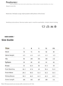 Detailed size chart for multi-pocket cargo pants with washing instructions and fabric info