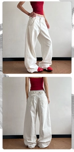 Detailed views of white wide-leg jeans with high-waist cut and classic five-pocket design