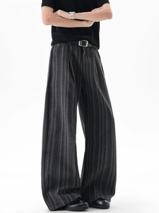 Men's dark gray vertical striped wide leg pants in retro relaxed fit for casual wear