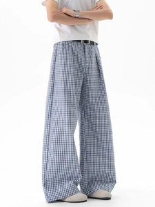 Pantalon large à carreaux bleus et blancs pour homme, coupe droite décontractée