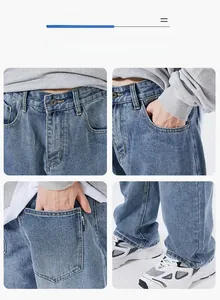 Detailed views of blue washed denim jeans featuring metal buttons and branded back pockets