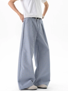 Pantalon décontracté à carreaux bleus et blancs pour hommes avec coupe large et épurée