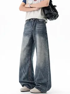 Men's American Retro Washed Jeans Distressed Whisker Loose Wide Leg Straight Denim Pants High Street Casual Fashion Wear