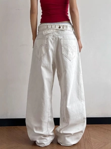 White wide-leg denim jeans with back pocket V-stitch detailing and oversized fit silhouette