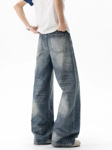 Men's retro wash wide-leg denim jeans in dark blue with straight fit and distressed detail