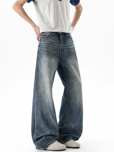 Men's retro wide-leg straight jeans in vintage washed dark blue with cat whiskers texture