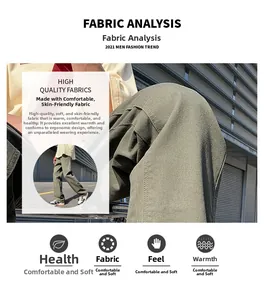 Detail of army green cargo pants showing high-quality cotton twill fabric analysis and texture