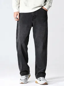 Men Vintage Washed Black Straight Leg Jeans Loose Fit Wide Leg Denim Trousers Casual Urban Streetwear Pants