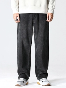 Mens black washed baggy straight leg jeans in loose fit American street style